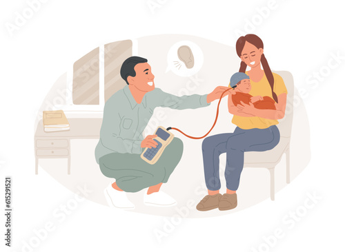 Hearing screening isolated concept vector illustration. Hearing loss evaluation quick test, ear problem screening, diagnosis, sound signal, disability detection, audiologist vector concept. photo