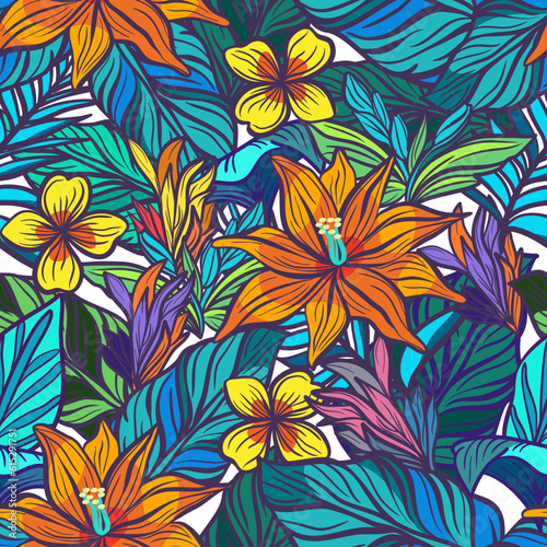 Seamless tropical pattern with flowers and leaves in doodle technique vector illustration 