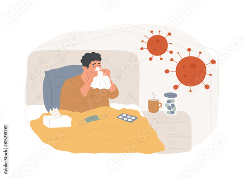 Flu treatment isolated concept vector illustration. Self-quarantine, influenza treatment at home, intensive therapy, virus infection remedy, pills and medication prescription vector concept.