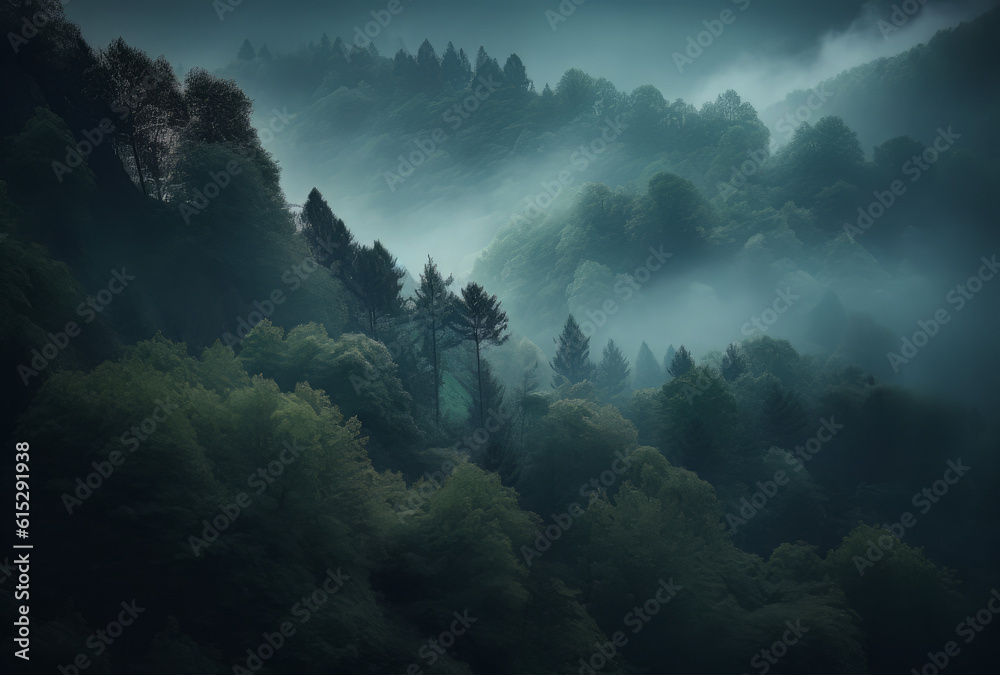 a forested hill side is seen under some clouds, in the style of abstract landscapes, mist a forested hill side is seen under some clouds, in the style of abstract landscapes, mist
