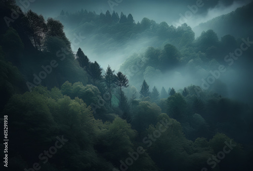 a forested hill side is seen under some clouds, in the style of abstract landscapes, mist
