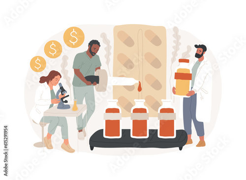 Pharmacological business isolated concept vector illustration. Pharmacological industry, pharmaceutical business, medicine research and production, pharmacy network, corporation vector concept.