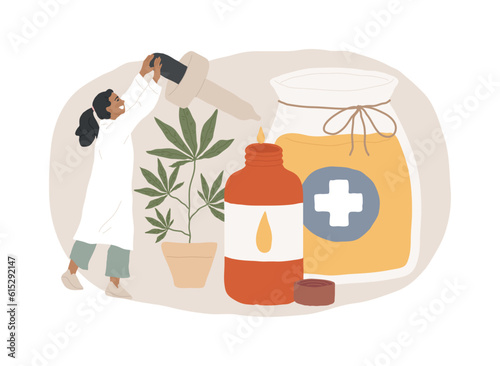Hemp seed oil isolated concept vector illustration. CBD oil use, cannabis sativa plant pharmacy, fatty acid, human health, pain and inflammation relief, dietary supplement vector concept.