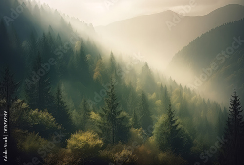 an image of forest in the mountains with fog and clouds, in the style of light bronze and green