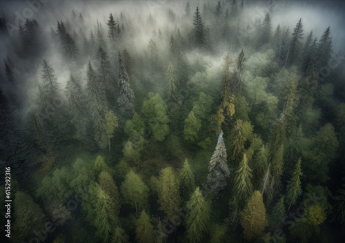 fog and forests from the sky  in the style of rustic scenes  photorealistic pastiche