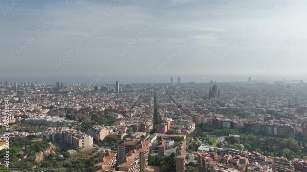 sunny day flight over barcelona famous mountain top cityscape bay aerial panorama 4k spain sunny day flight over barcelona famous mountain top cityscape bay aerial panorama 4k spain