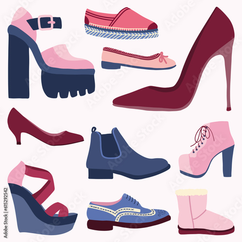 Set of Women Footwear and Shoes Type Cute Hand Drawn Illustration