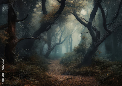forest with trees and fog  in the style of topographic photography  smokey background