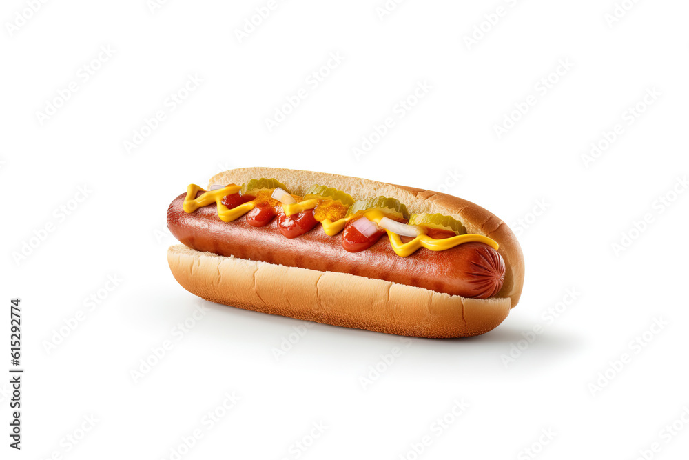 Hot dog with mustard and ketchup isolated on a white background Hot dog with mustard and ketchup isolated on a white background