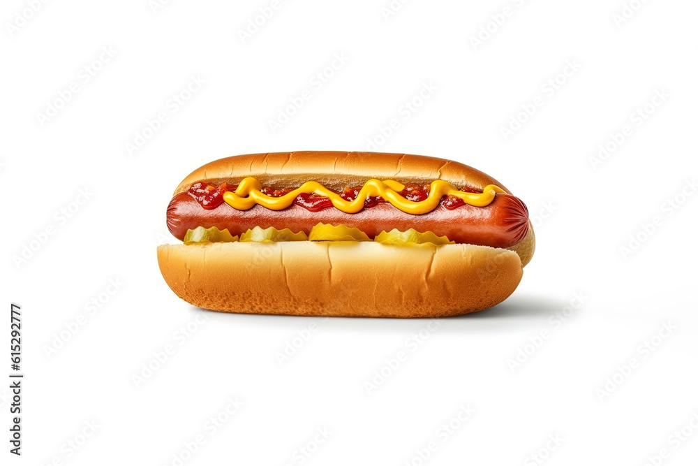Hot dog with mustard and ketchup isolated on a white background Hot dog with mustard and ketchup isolated on a white background
