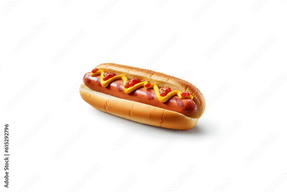 Hot dog with mustard and ketchup isolated on a white background Hot dog with mustard and ketchup isolated on a white background