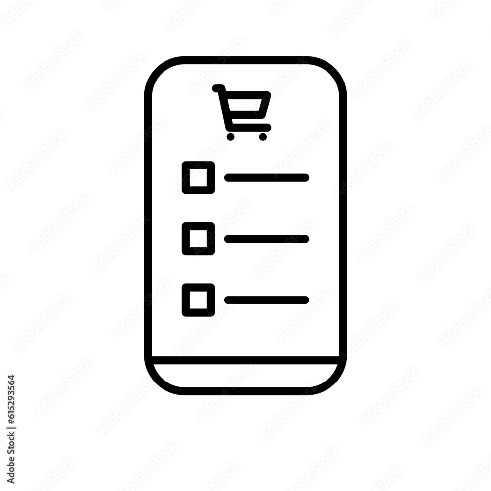 Shopping list e-commerce icon with black outline style. notepad, notebook, fresh, products, commerce, kitchen, mark. Vector Illustration Shopping list e-commerce icon with black outline style. notepad, notebook, fresh, products, commerce, kitchen, mark. Vector Illustration