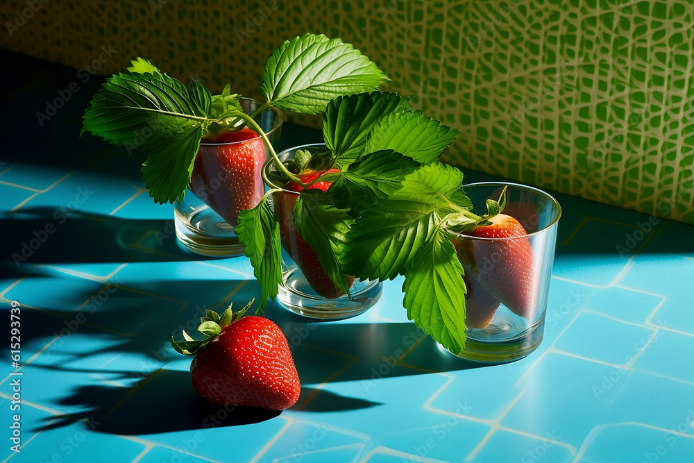 A group of strawberries and leaves in glass vases are arranged on a light blue mosaic table on a green mosaic background. Generative AI.