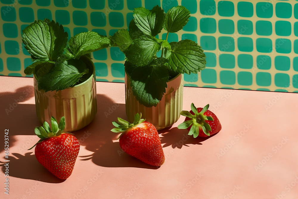 A group of strawberries, leaves and green cups on a pink table against an aquamarine mosaic wall. Generative AI.