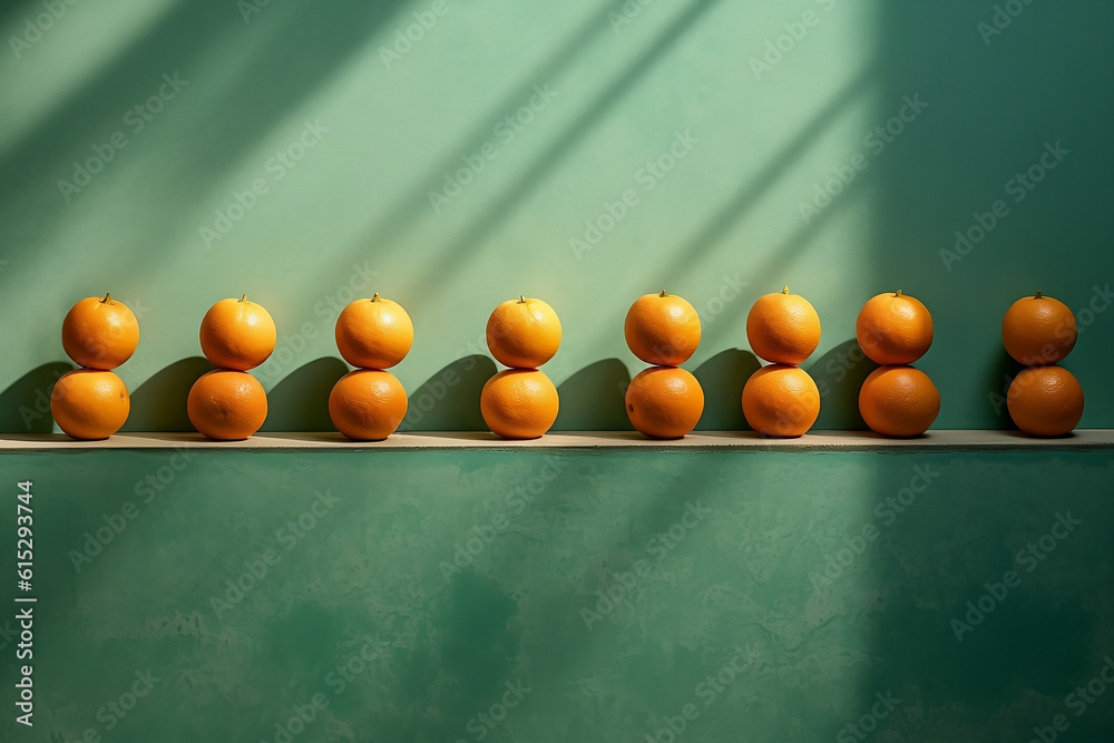 A row of oranges against the green wall. Light and shadows. Generative AI.