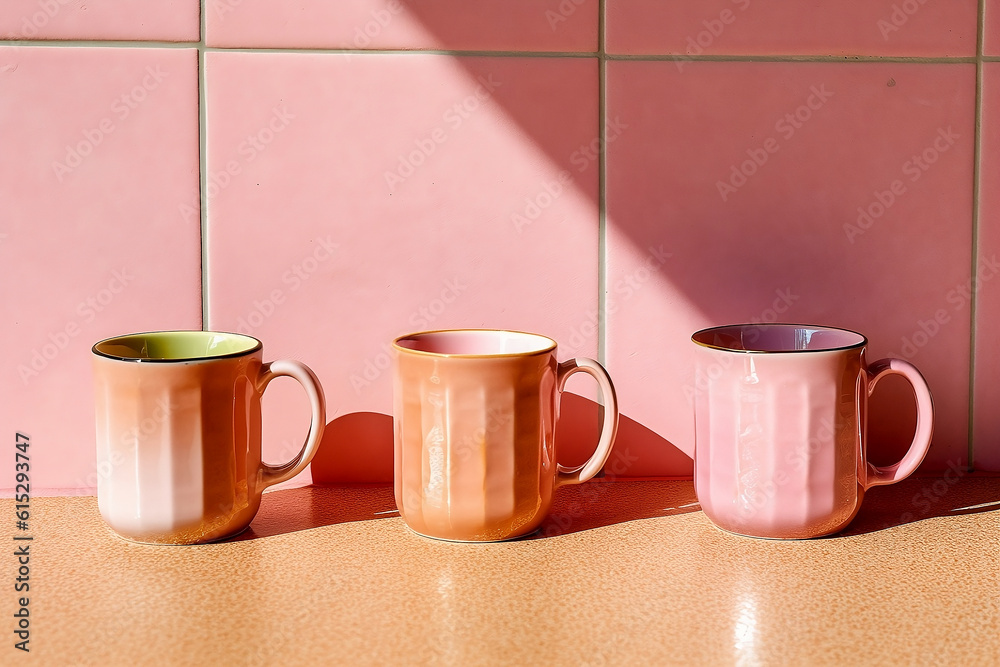 Three pink mugs with pink mosaic background. Generative AI.