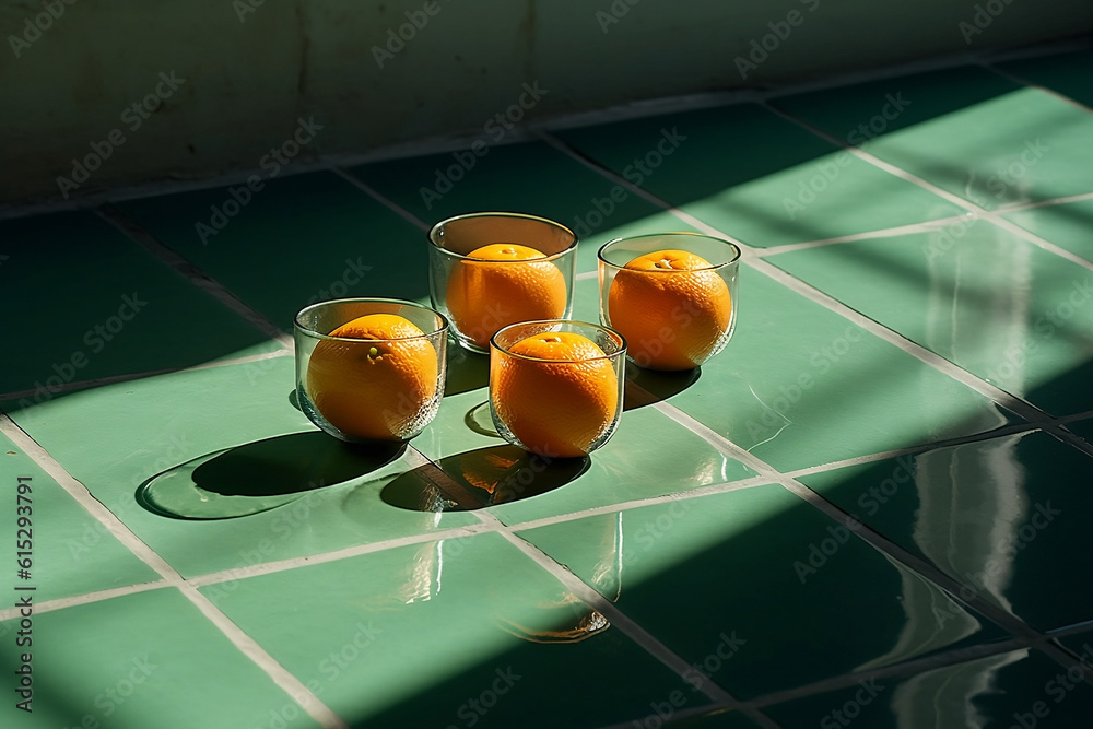 Four glass vases with oranges in them, on a green tiled floor, with contrasting light and shade. Generative AI.