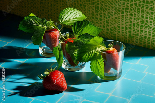 Obraz na płótnie A group of strawberries and leaves in glass vases are arranged on a light blue mosaic table on a green mosaic background. Generative AI. w salonie