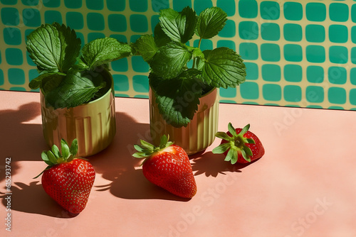 A group of strawberries, leaves and green cups on a pink table against an aquamarine mosaic wall. Generative AI.