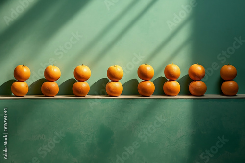 Obraz na płótnie A row of oranges against the green wall. Light and shadows. Generative AI. w salonie