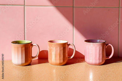 Obraz na płótnie Three pink mugs with pink mosaic background. Generative AI. w salonie
