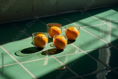 Obraz na płótnie Four glass vases with oranges in them, on a green tiled floor, with contrasting light and shade. Generative AI. w salonie