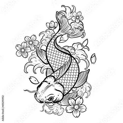 Koi fish tattoo with water splash Asian or Japanese style. Illustration with white background.