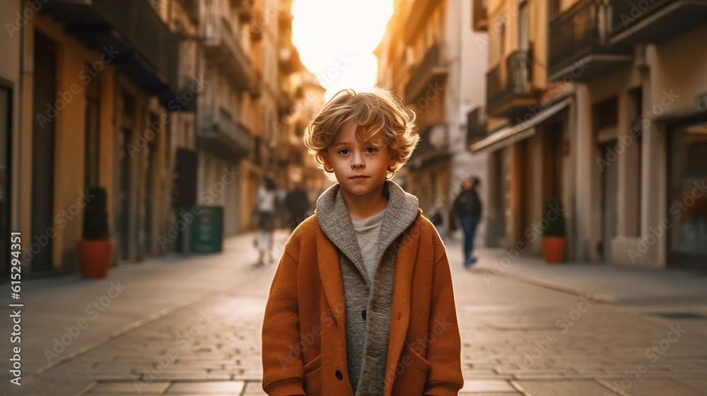 A cute little boy walking between buildings. Generative AI.