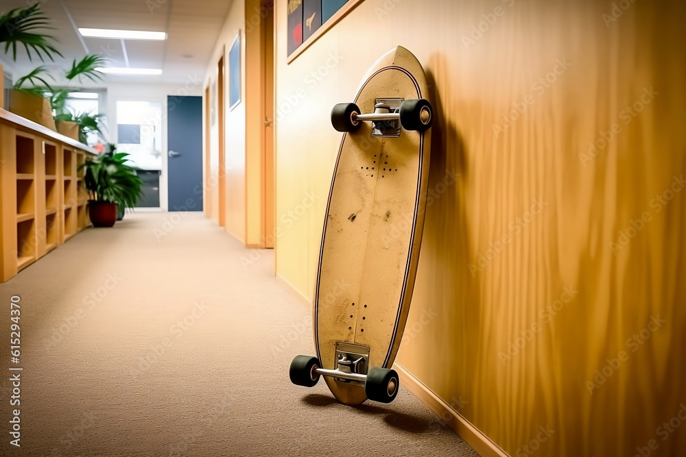 A skateboard against an office wall. Generative AI.