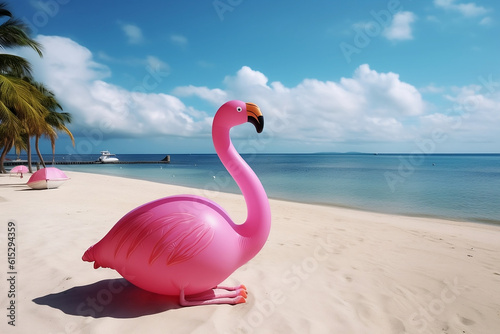 A pink inflatable flamingo on the shore on the beach. Generative AI. photo