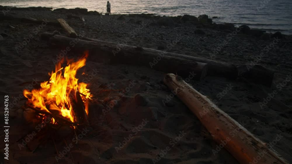 Beach fire on the shoreline of Spanish Banks in Vancouver at dusk. Shot on RED Komodo. Beach fire on the shoreline of Spanish Banks in Vancouver at dusk. Shot on RED Komodo.