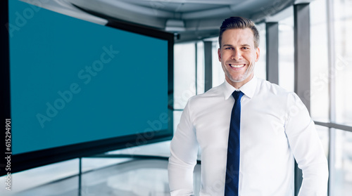 Business Man Executive Introducing a Modern Tech Startup in front of a TV Banner Introduction Mockup Advertisement Template. AI Generative