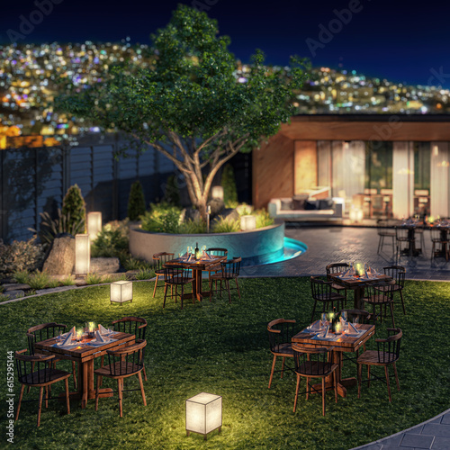 Visualization of an Exterior Pub & Restaurant Area on the Hills of Big City - 3D Visualization