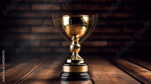 champion golden trophy placed on wooden table with dark background. Generative Ai