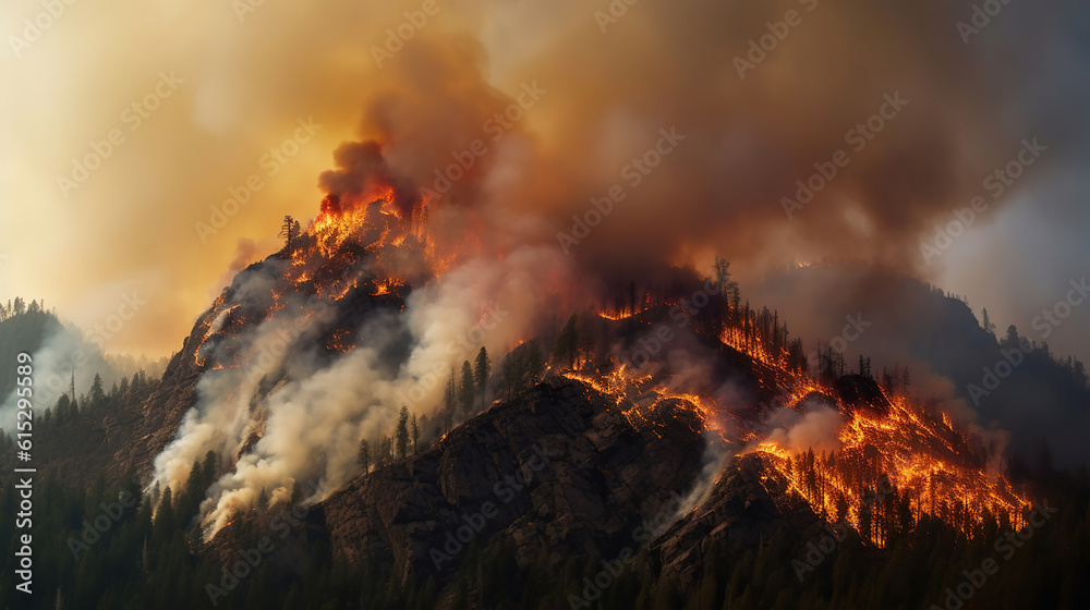 A forest fire burning the side of a mountain. Generative Ai