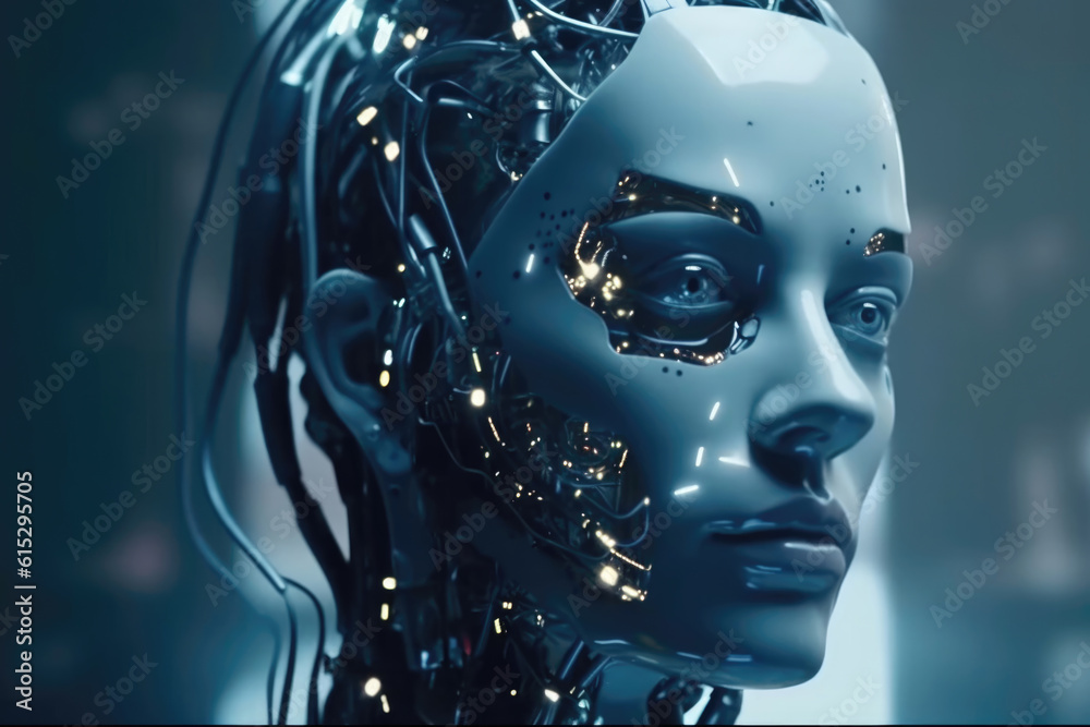 Woman AI Robot Connectivity Head Close-up Wires Connection Energy Circuit Futuristic Mapping Generative AI