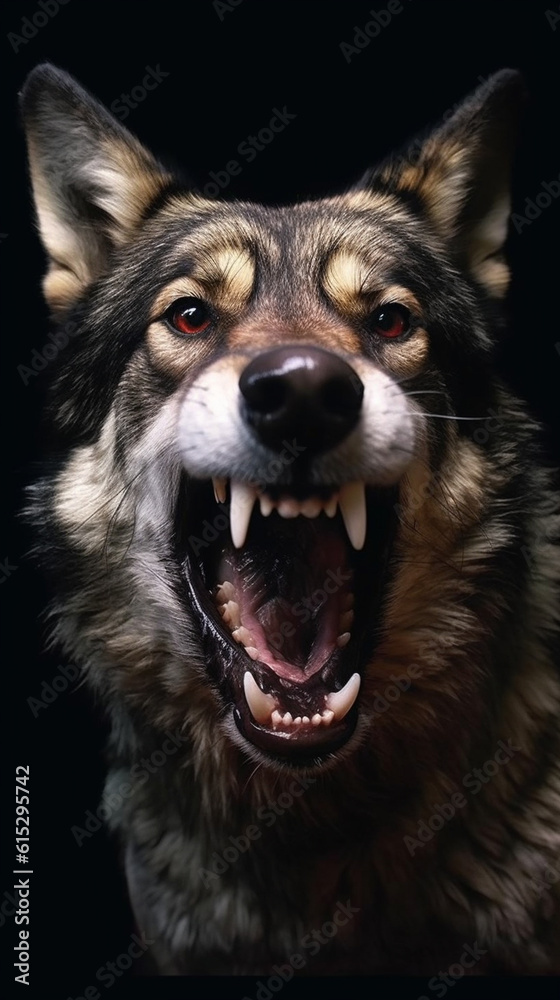 Generative AI Portrait of a wolfdog on a black background. Studio shot.