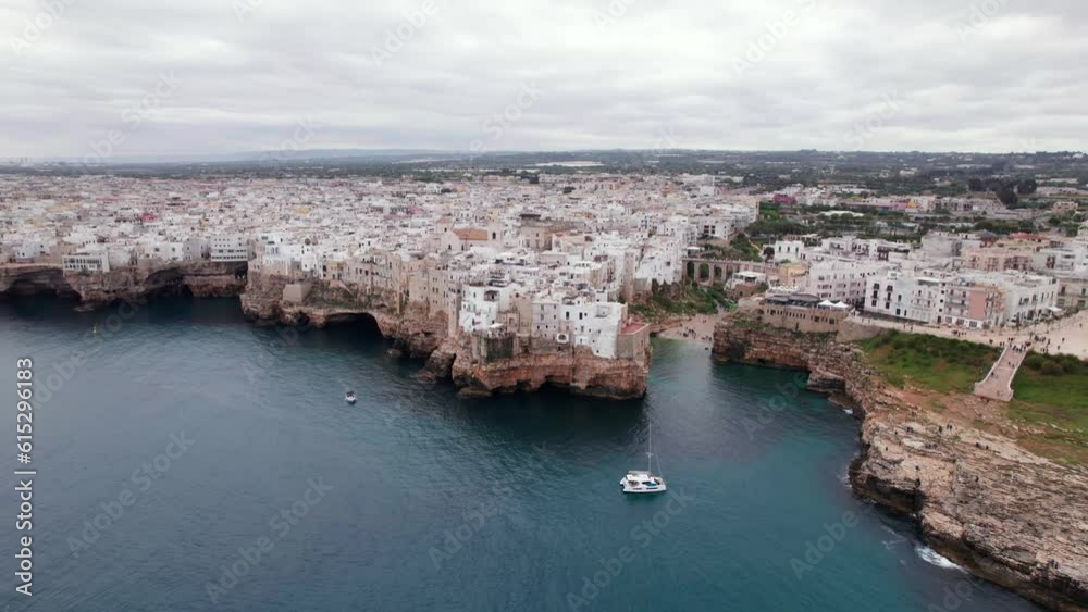 Aerial view of Polignano a mare town on italian rocky coast, Puglia, Italy Aerial view of Polignano a mare town on italian rocky coast, Puglia, Italy