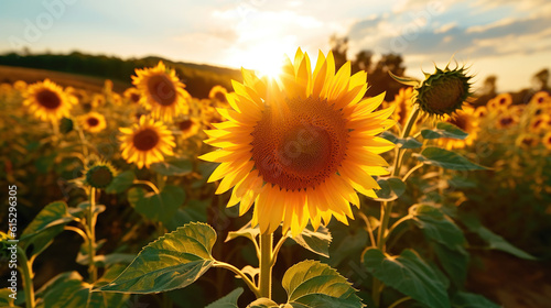 field of sunflowers and sun. Generative Ai