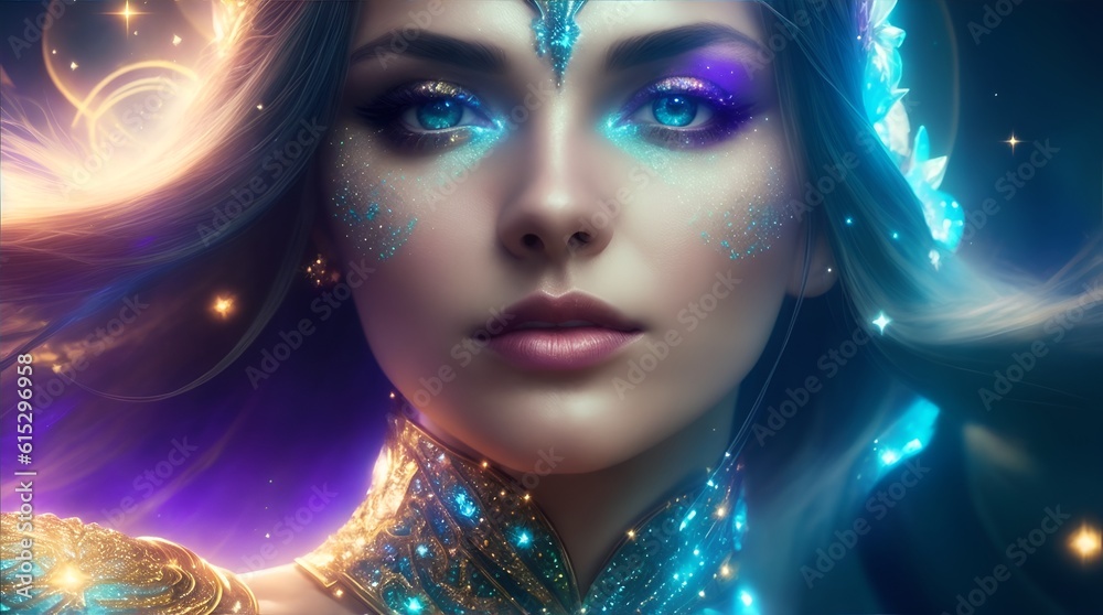 beautiful woman with makeup glitters on her eyes and a necklace with bright lights