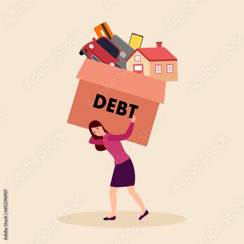 Businesswoman carrying heavy debt burden in flat design.