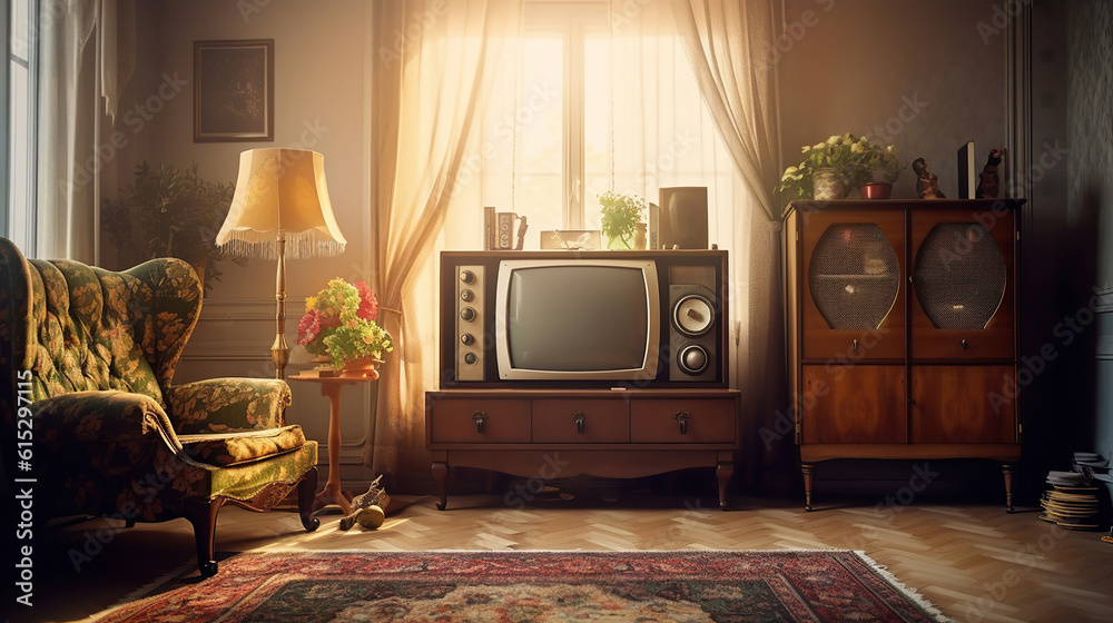 Retro living room design with old television, cabinet and radio