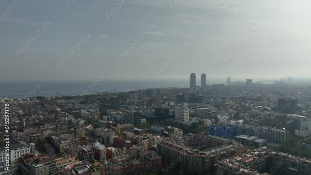 sunny day barcelona city famous modern office tower area bay view aerial panorama 4k spain sunny day barcelona city famous modern office tower area bay view aerial panorama 4k spain