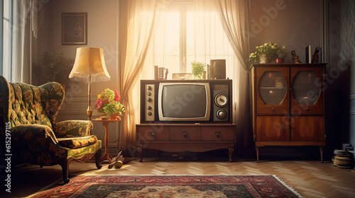 Retro living room design with old television, cabinet and radio. Generative Ai