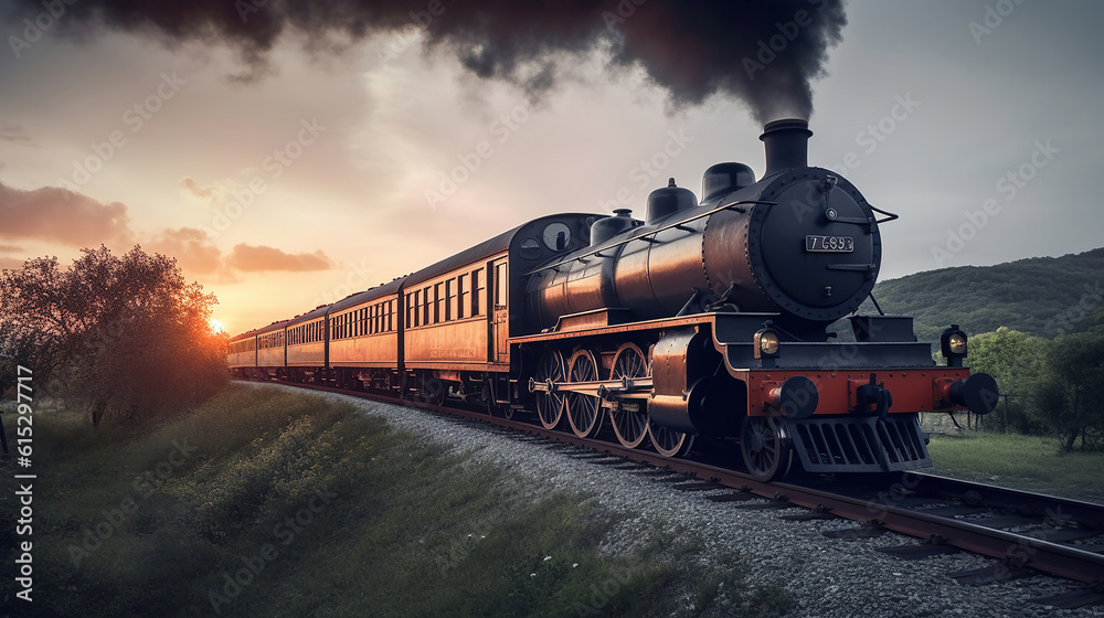 Vintage steam train with ancient locomotive and old carriages runs on the tracks in the countryside. Generative Ai - obrazy, fototapety, plakaty 