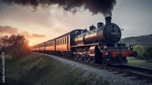 Foto Vintage steam train with ancient locomotive and old carriages runs on the tracks in the countryside