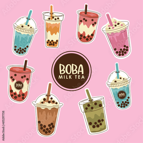 Set of Boba Milk Tea Drink Illustration. Bubble Milk Tea. Thai Tea.