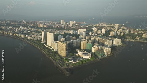 Aerial pullback from Nariman Point, Business headquartes skyscrapers in Mumbai Peninsula, India  photo