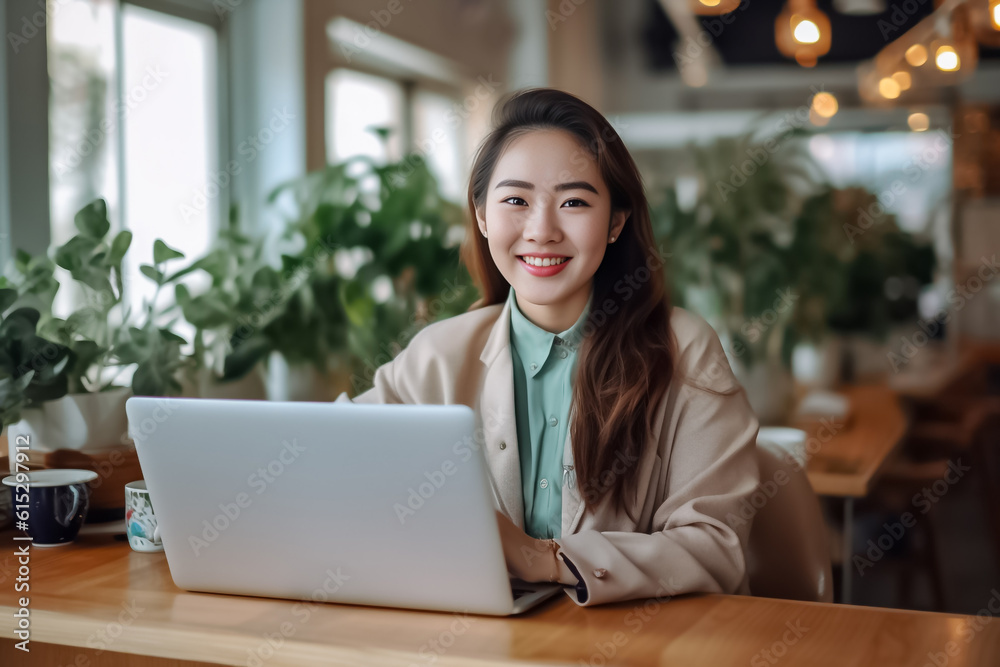A happy Asian office girl working on her laptop in a cozy cafe, with a blurred background adding to the serene atmosphere. generative Ai. A happy Asian office girl working on her laptop in a cozy cafe, with a blurred background adding to the serene atmosphere. generative Ai.