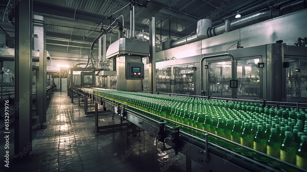 Beverage factory interior. Conveyor with bottles for juice or water. Modern equipments. Generative Ai